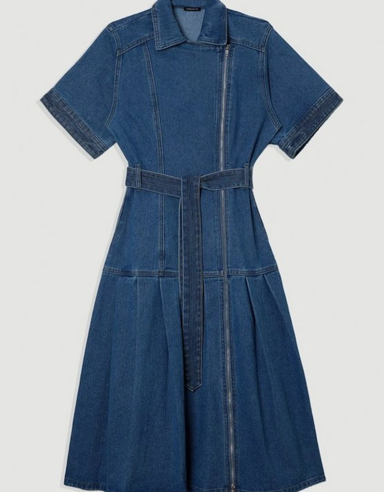 Denim Pleated Hem Biker Dress