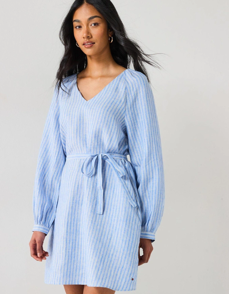 Linen V-Neck Mini Dress - Blue