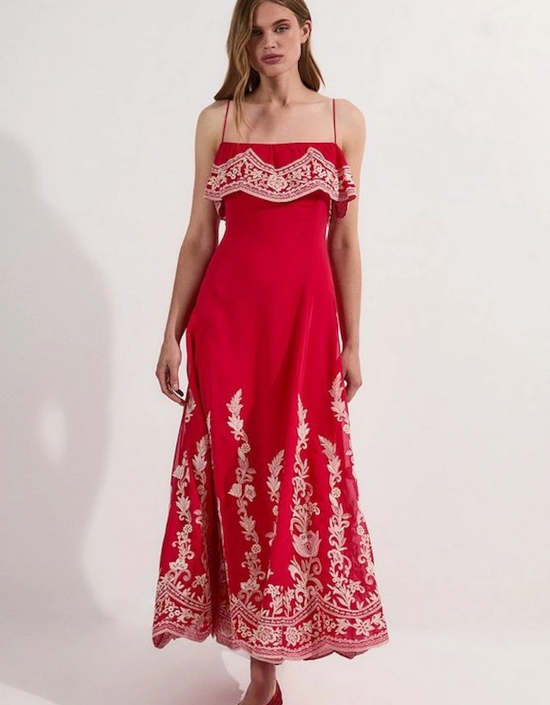 Embroidered Applique Strappy Midi Dress