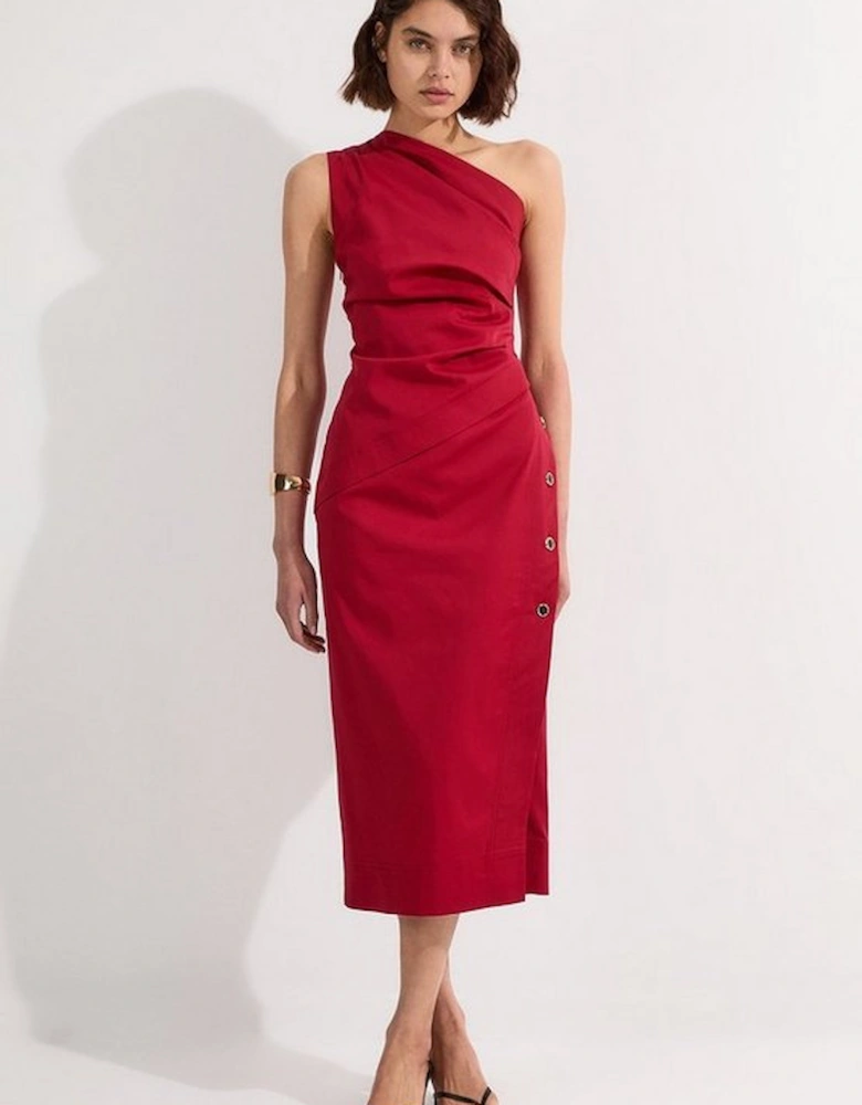 Tailored Polished Cotton Asymmetric Drape Pencil Dress