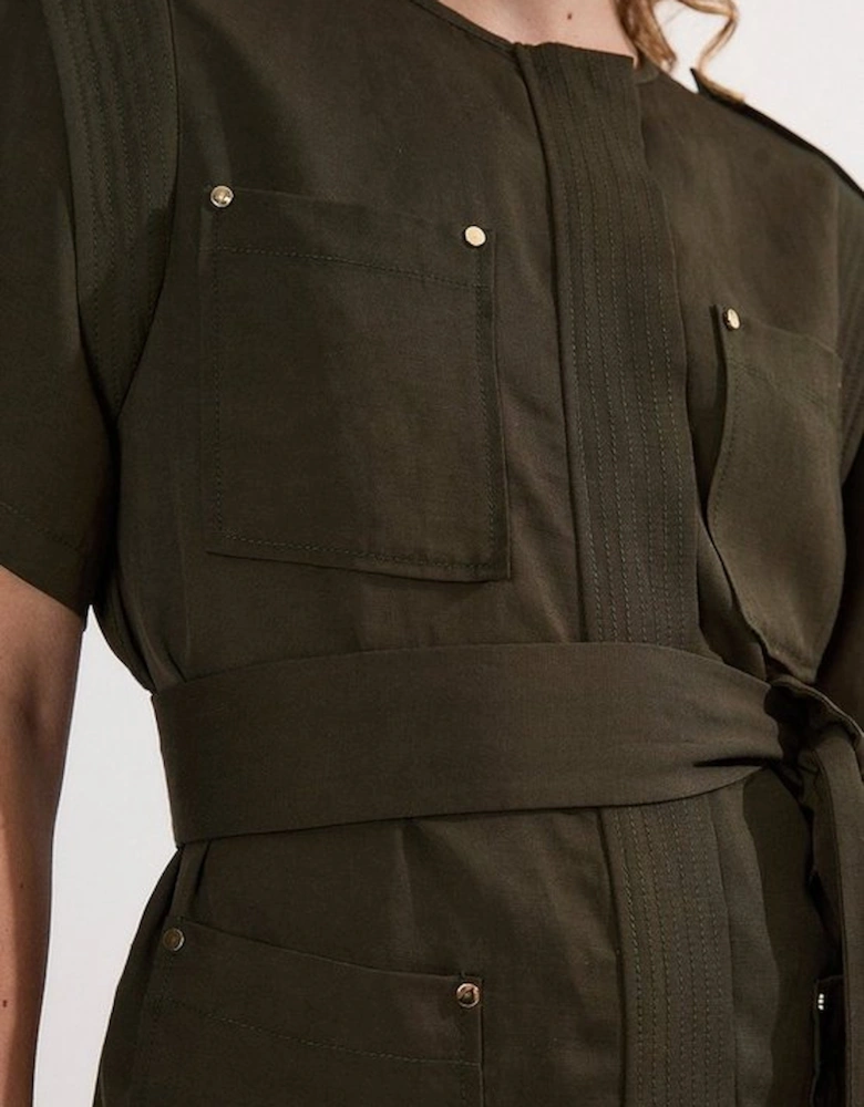 Linen Twill Top Stitch Belted Top With Gold Studs