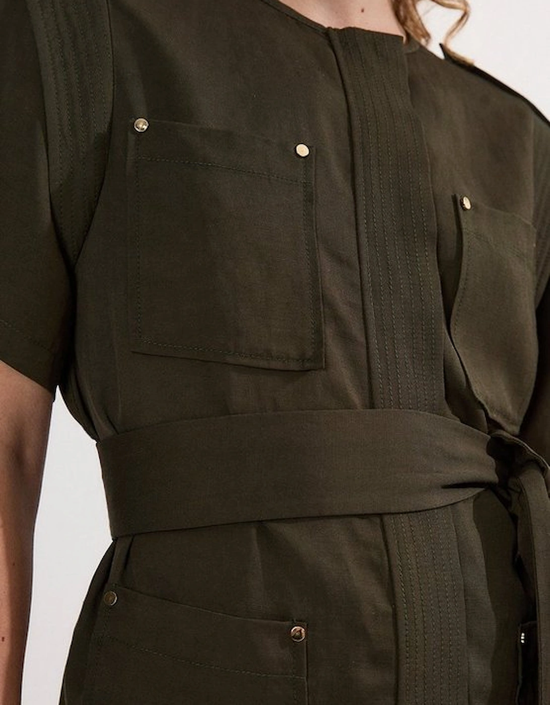 Linen Twill Top Stitch Belted Top With Gold Studs
