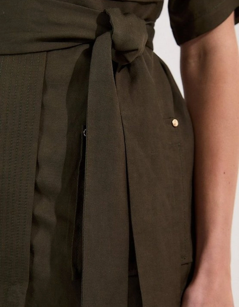 Linen Twill Top Stitch Belted Top With Gold Studs