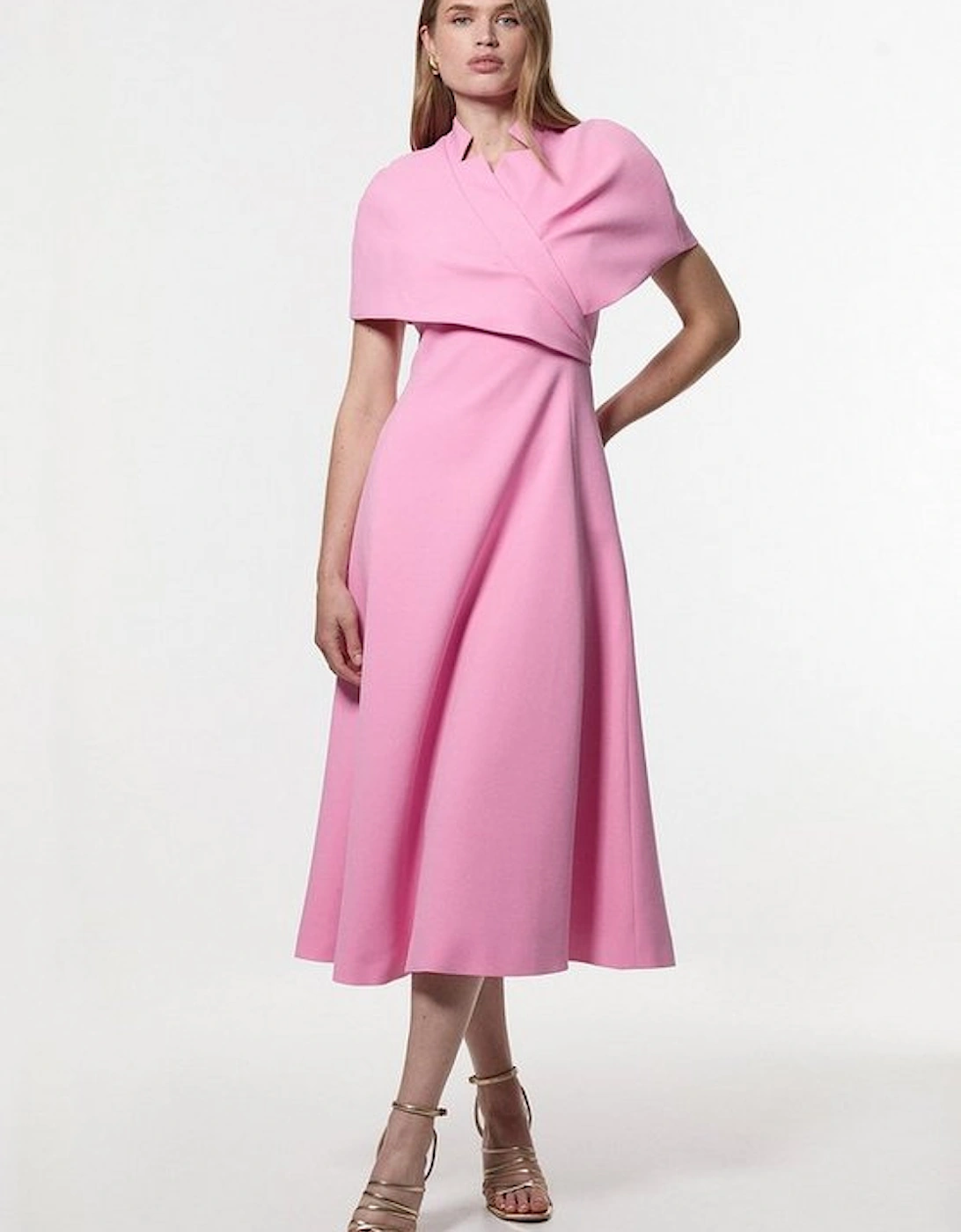Structured Crepe Cape Detail Full Skirted Tailored Midi Dress, 4 of 3