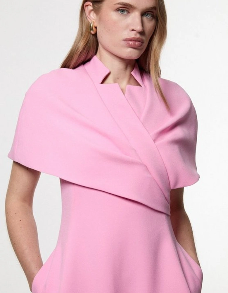 Structured Crepe Cape Detail Full Skirted Tailored Midi Dress