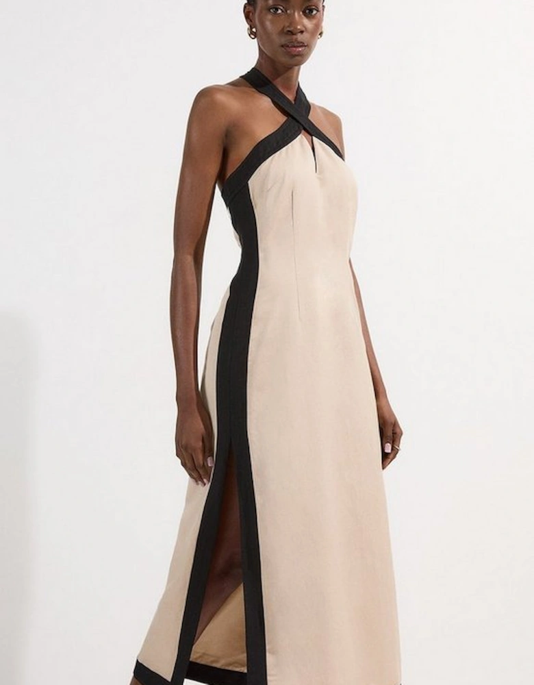 Contrast Linen Halter Neck Woven Maxi Dress
