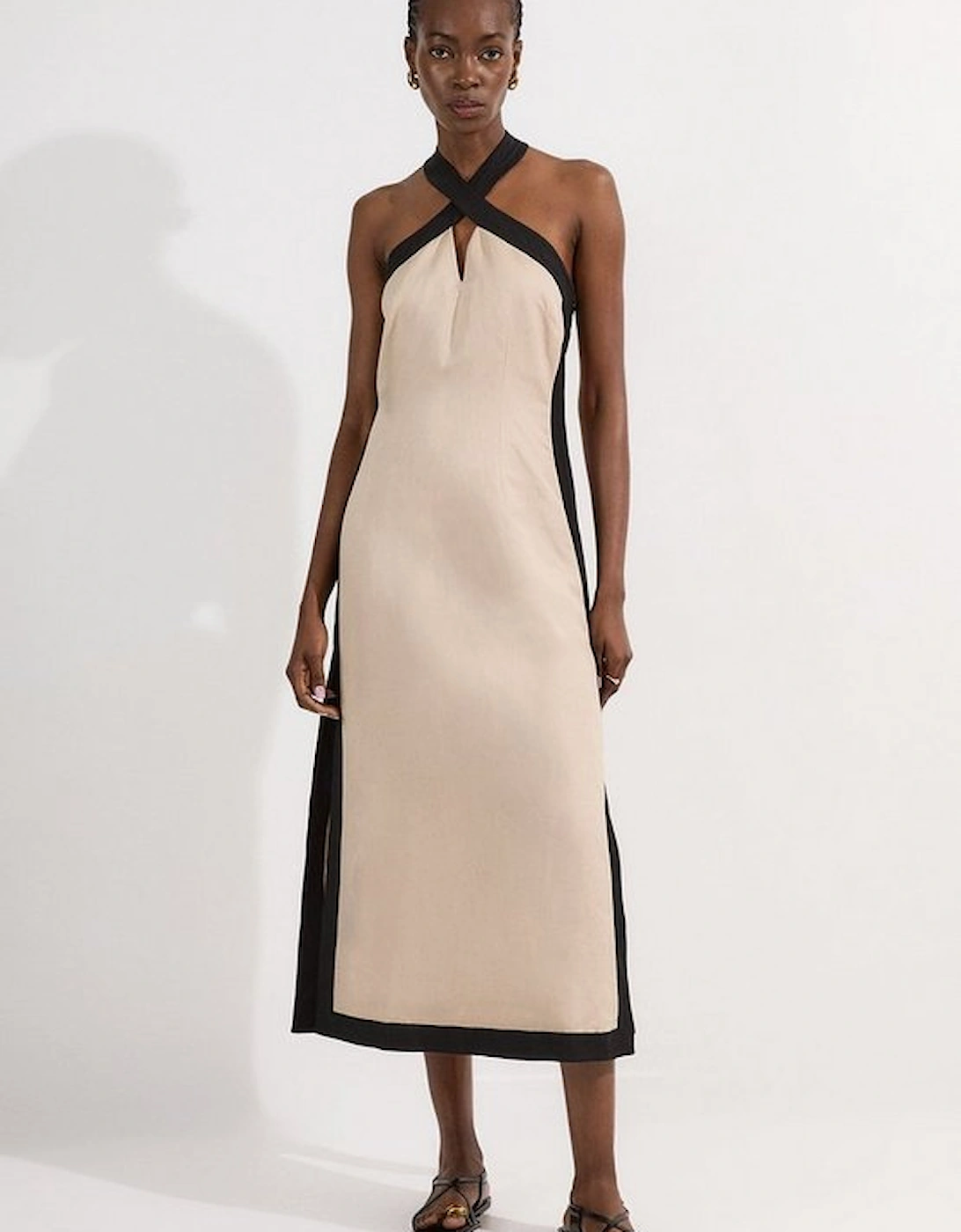 Contrast Linen Halter Neck Woven Maxi Dress, 5 of 4