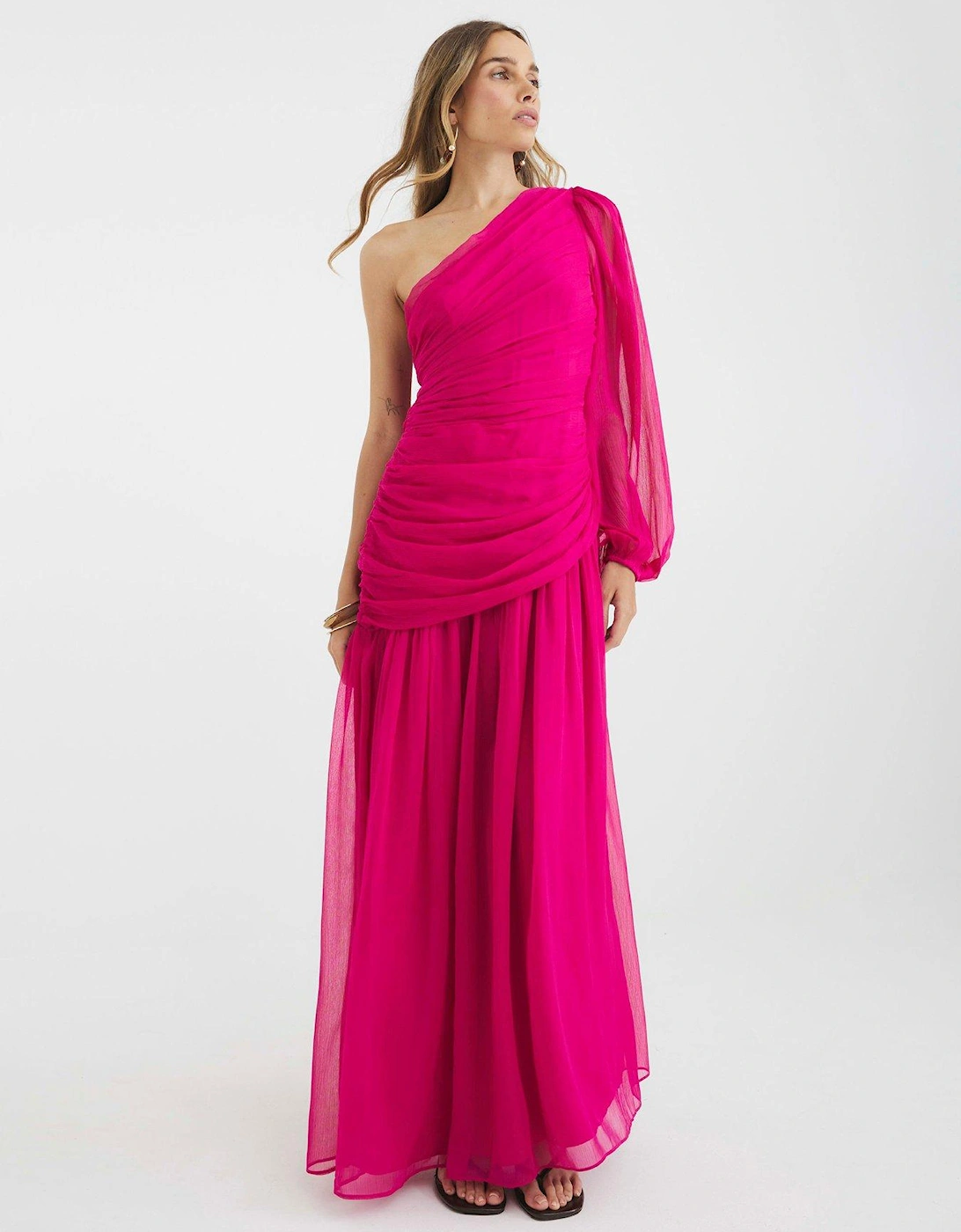 One Shoulder Plisse Midi Dress - Pink, 2 of 1