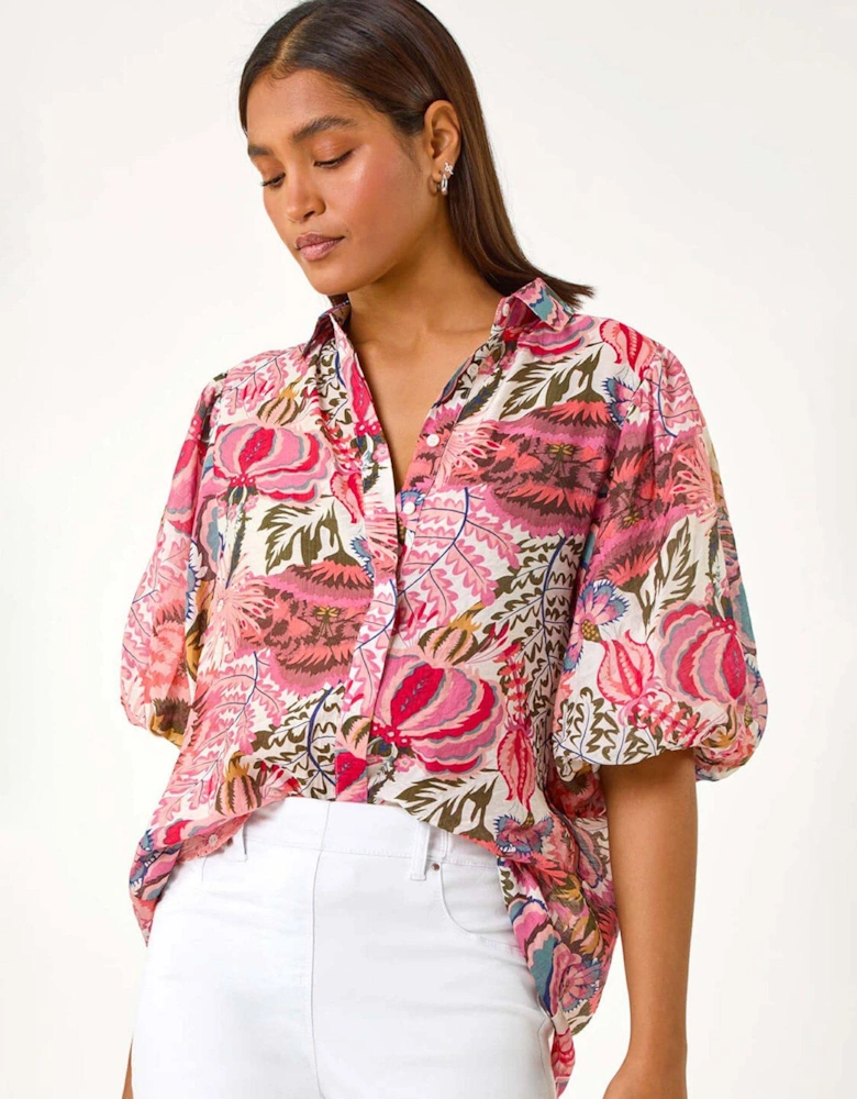 Floral Leaf Print Puff Sleeve Shirt