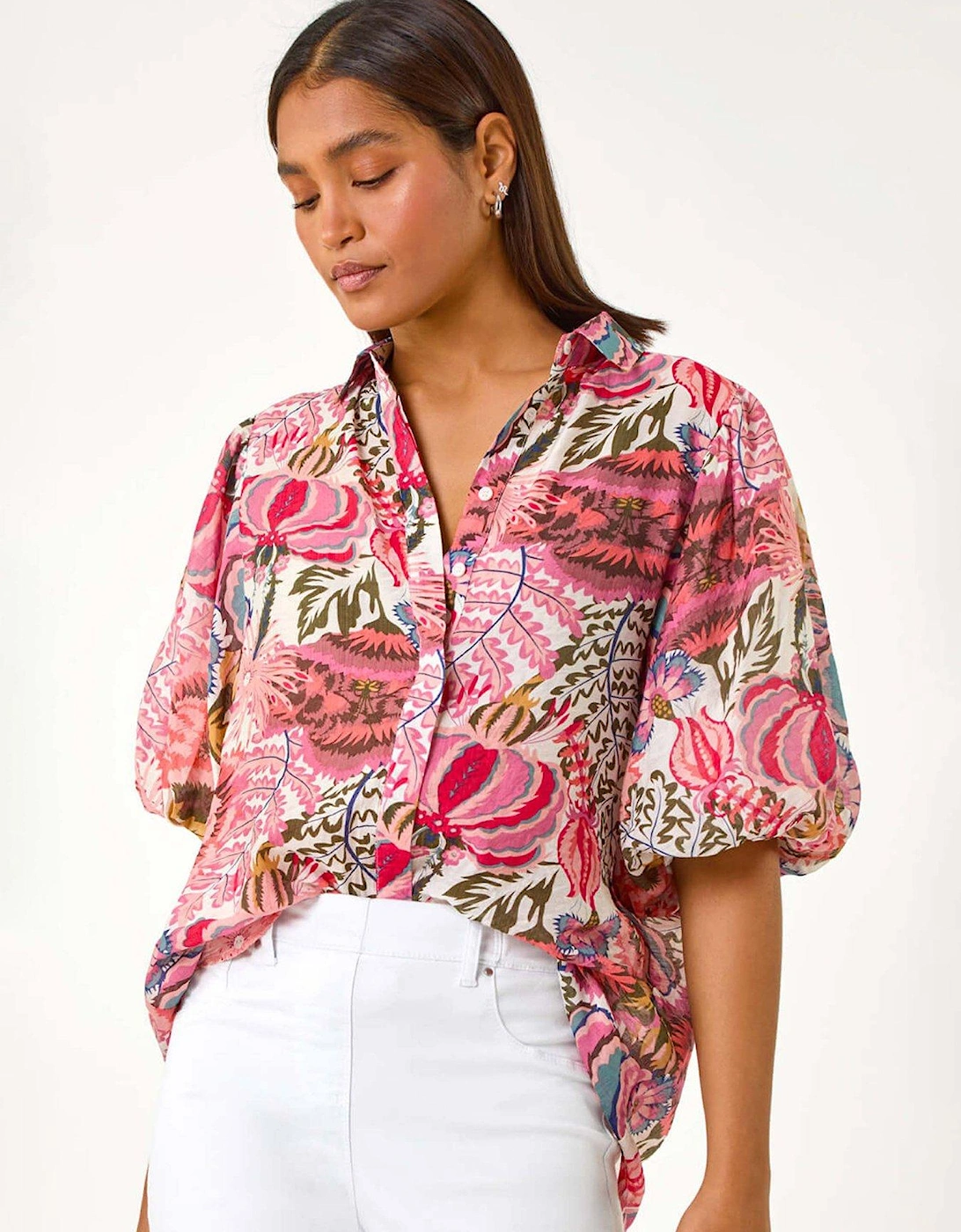 Floral Leaf Print Puff Sleeve Shirt, 2 of 1