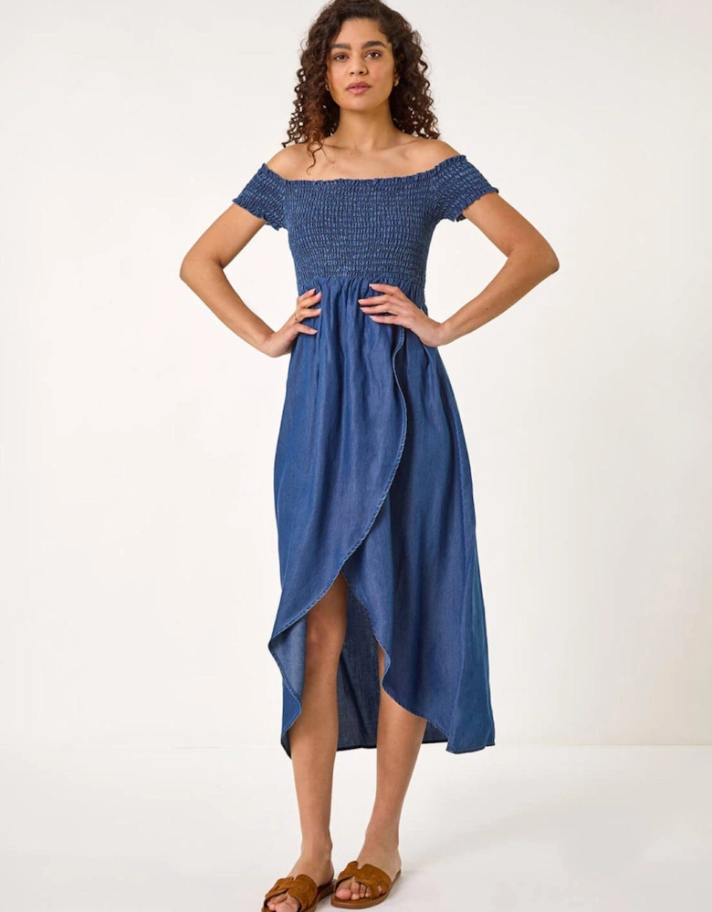 Bardot Shirred Maxi Dress - Denim