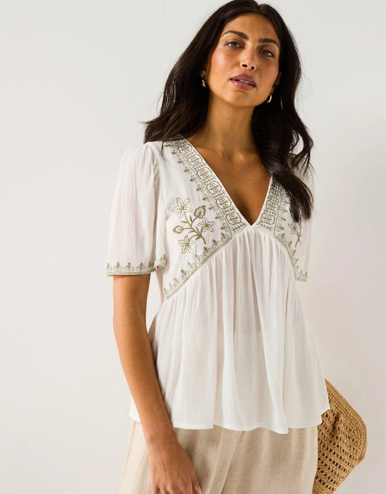Harper Short Sleeve V-neck Embroidery Top - Multi