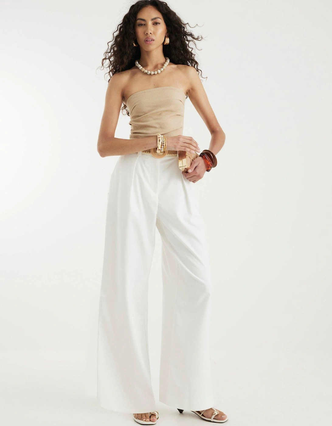 Belted Wide Leg Trousers - White, 2 of 1