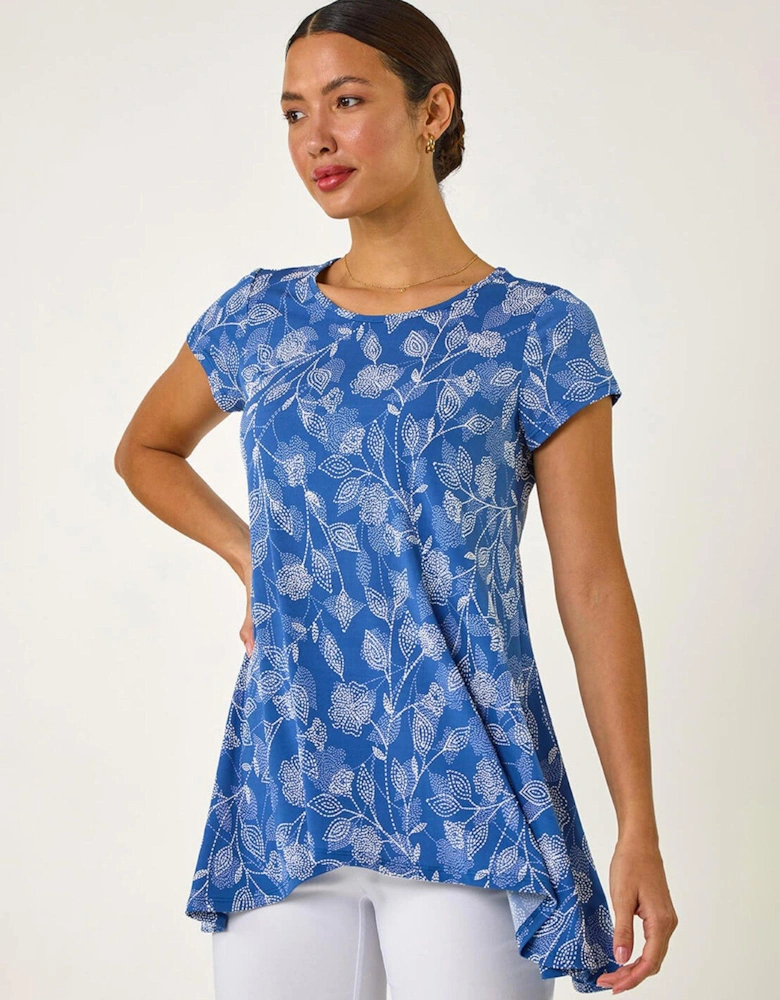 Textured Floral Print Tunic Top - Blue