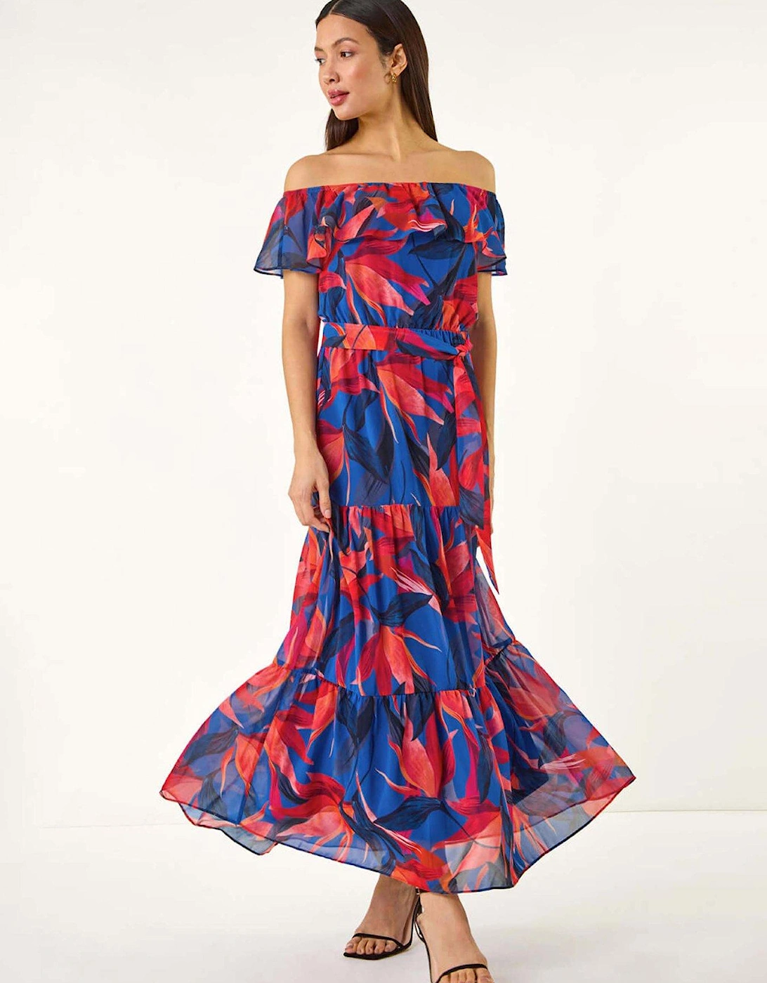 Floral Print Bardot Belted Maxi Dress - Navy, 2 of 1