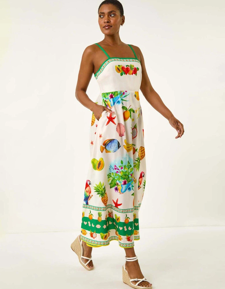 Fruit Print Strap Detail Midi Dress - White