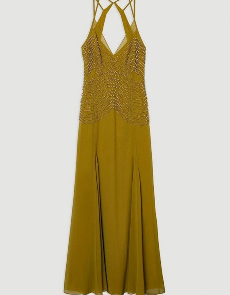 Embellished Geo Strappy Woven Maxi Dress