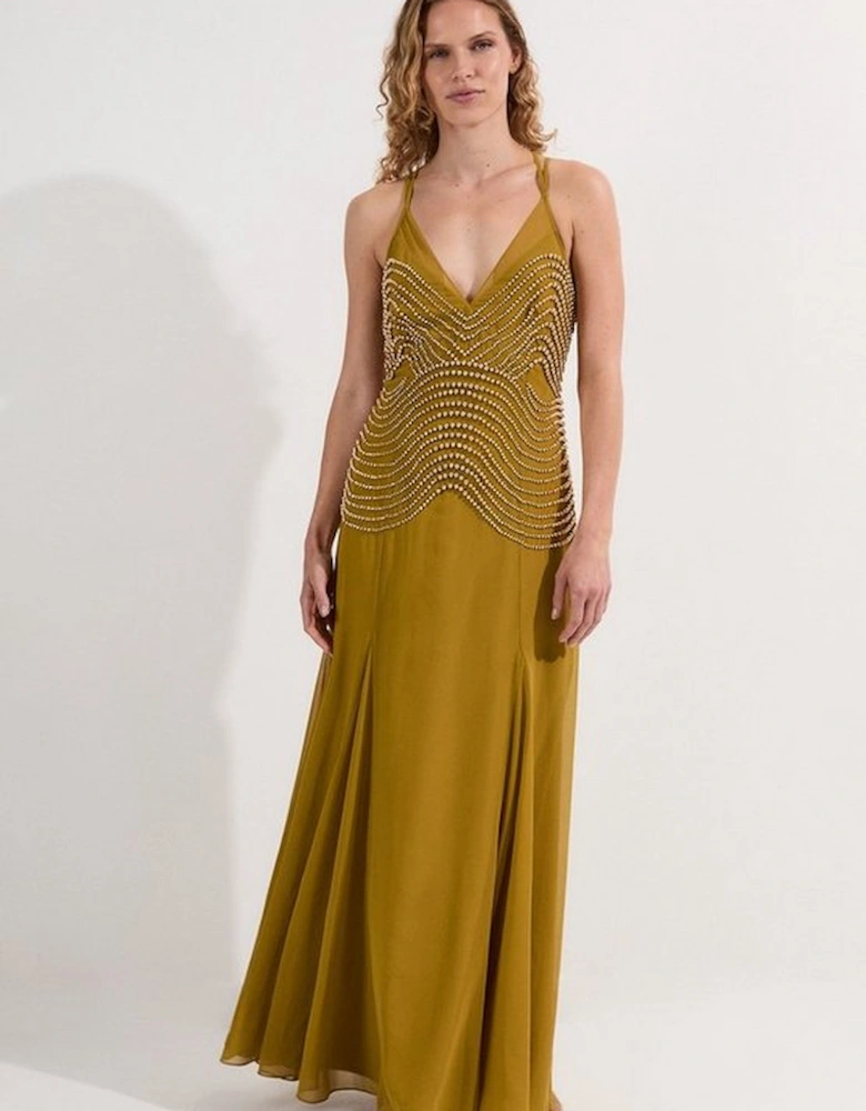 Embellished Geo Strappy Woven Maxi Dress