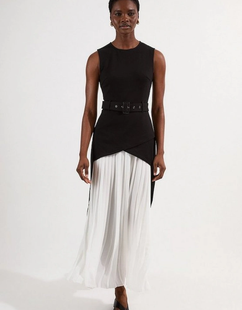 Ponte And Georgette Jersey Pleated Maxi Dress