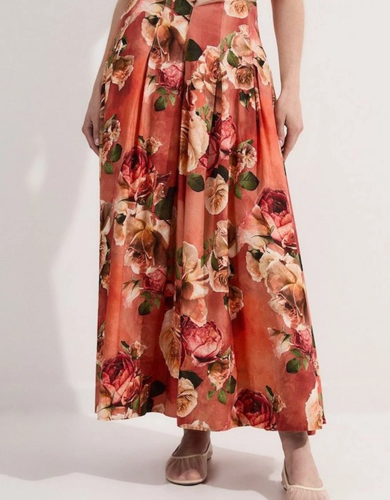 Floral Viscose Linen High Waisted Woven Maxi Skirt
