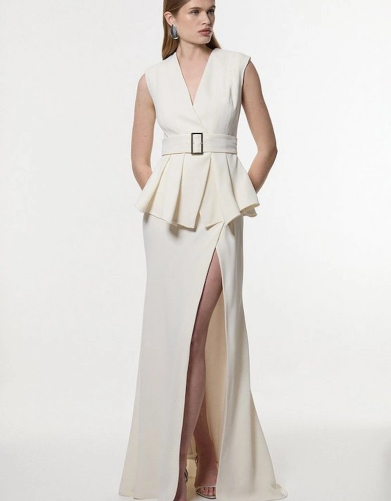 Soft Tailored Belted Peplum Tailored Maxi Dress