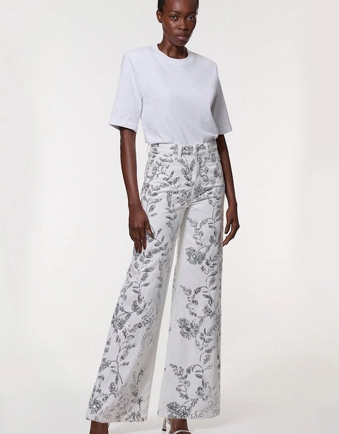Denim All Over Floral Sequin Wide Leg Trousers, 4 of 3