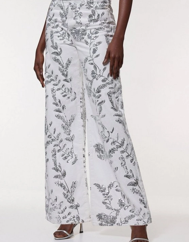 Denim All Over Floral Sequin Wide Leg Trousers