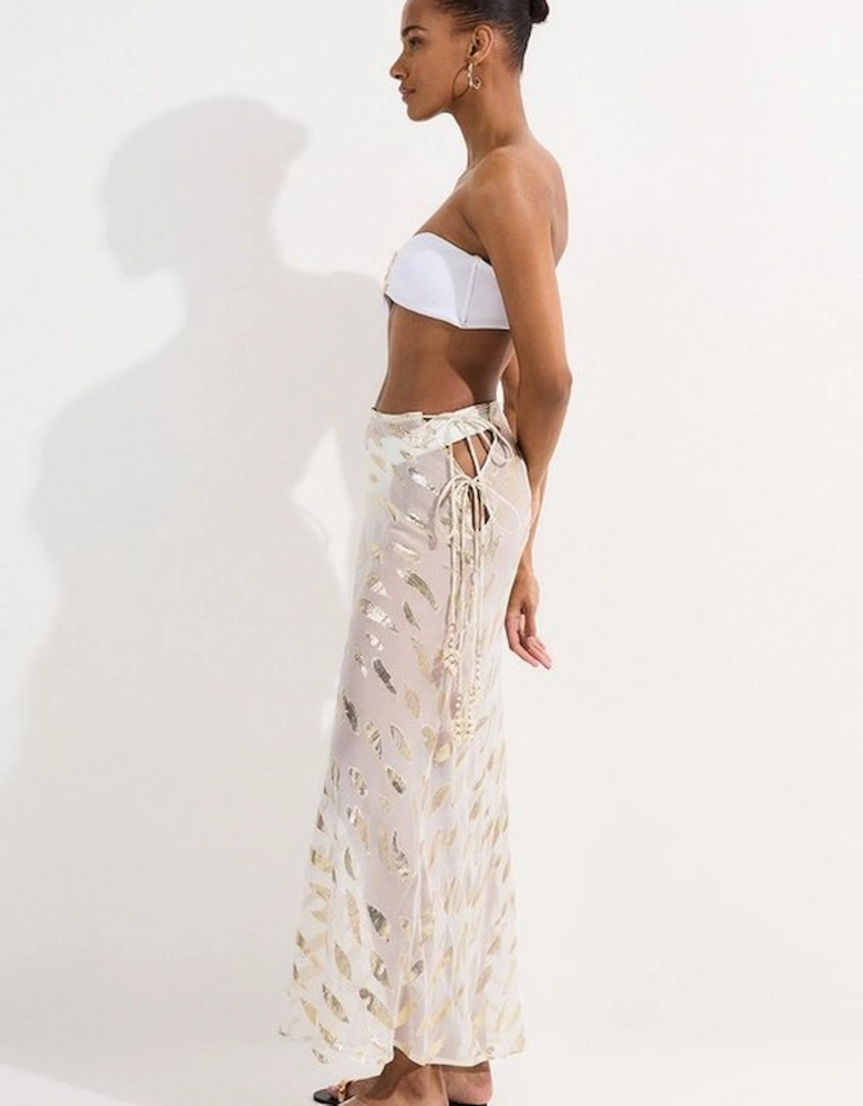 Beach Metallic Thread Tie Waist Maxi Skirt