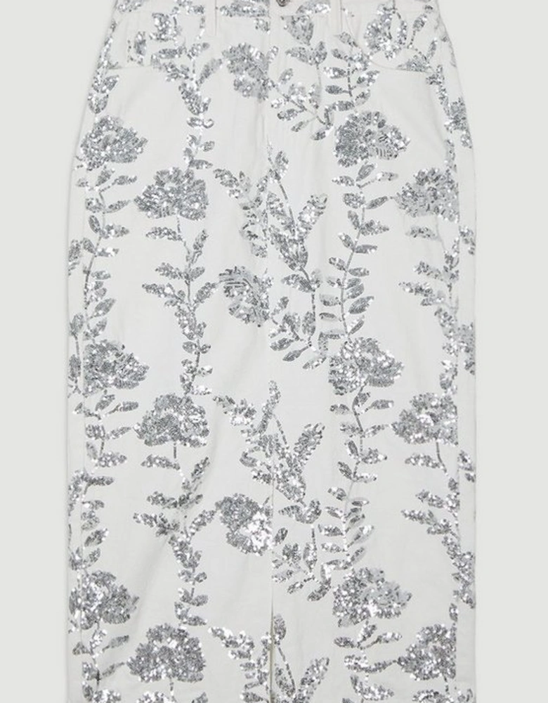 Denim All Over Floral Sequin Skirt