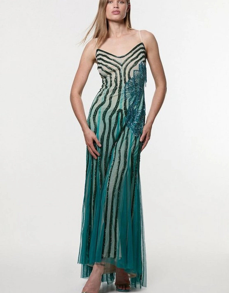 Digital Ophelia Ombre Beaded Strapless Woven Maxi Dress