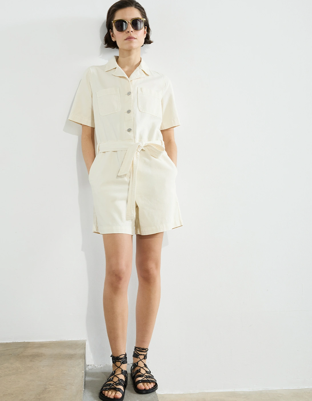 Dana Denim Short Sleeve Playsuit Ecru
