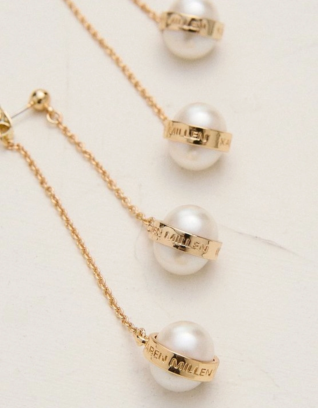 14k Gold Plated Logo Pearl Double Drop Earrings