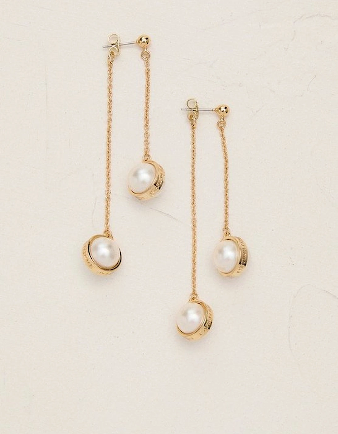14k Gold Plated Logo Pearl Double Drop Earrings