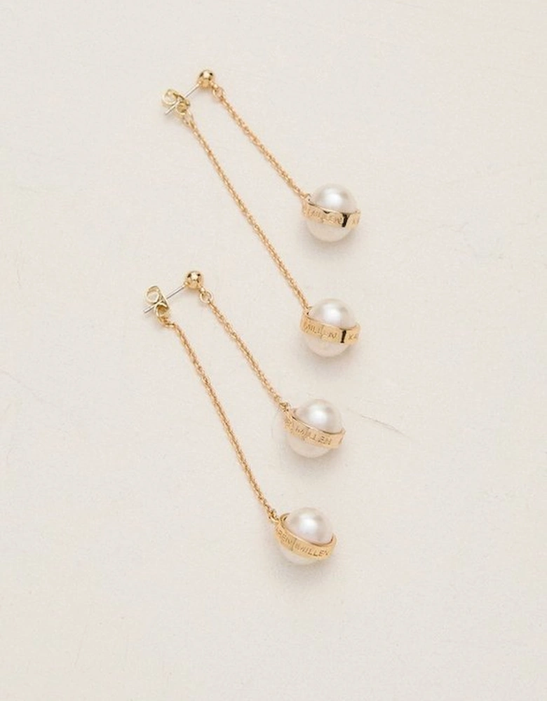 14k Gold Plated Logo Pearl Double Drop Earrings