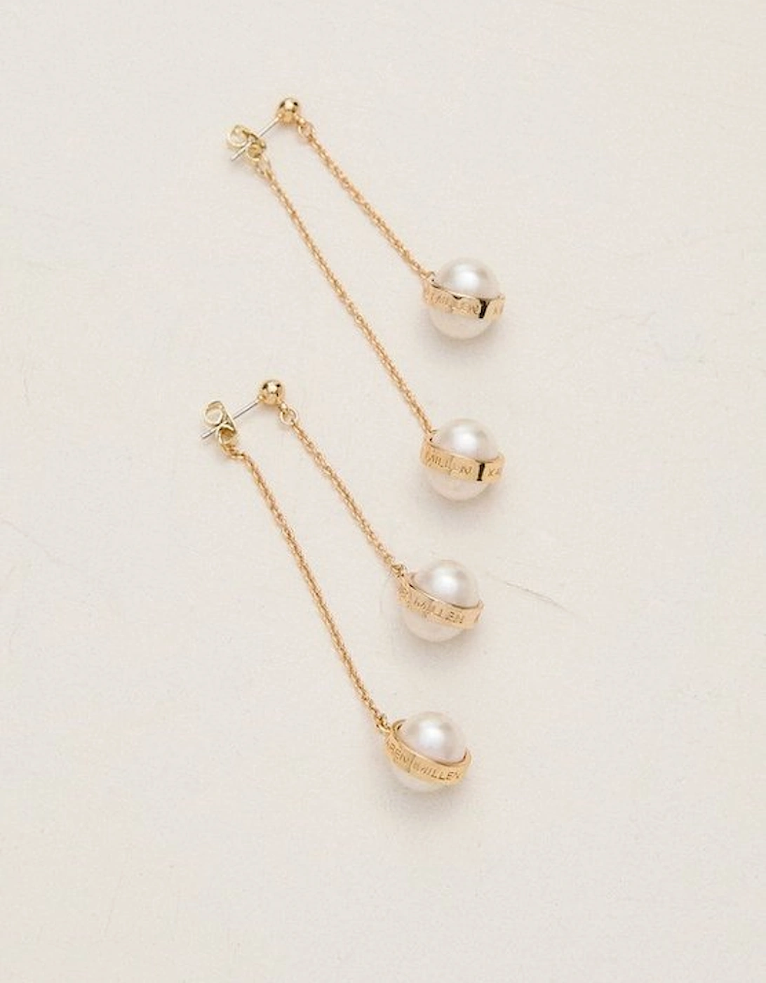14k Gold Plated Logo Pearl Double Drop Earrings