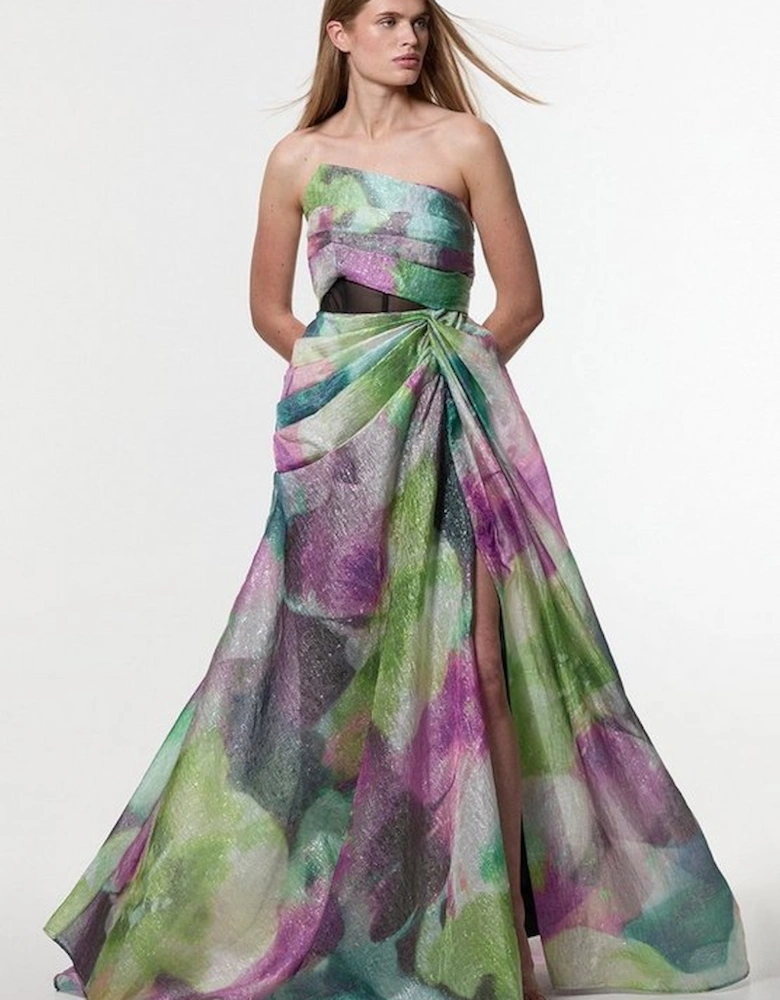 Digital Ophelia Printed Organza Fishtail Corset Maxi Dress