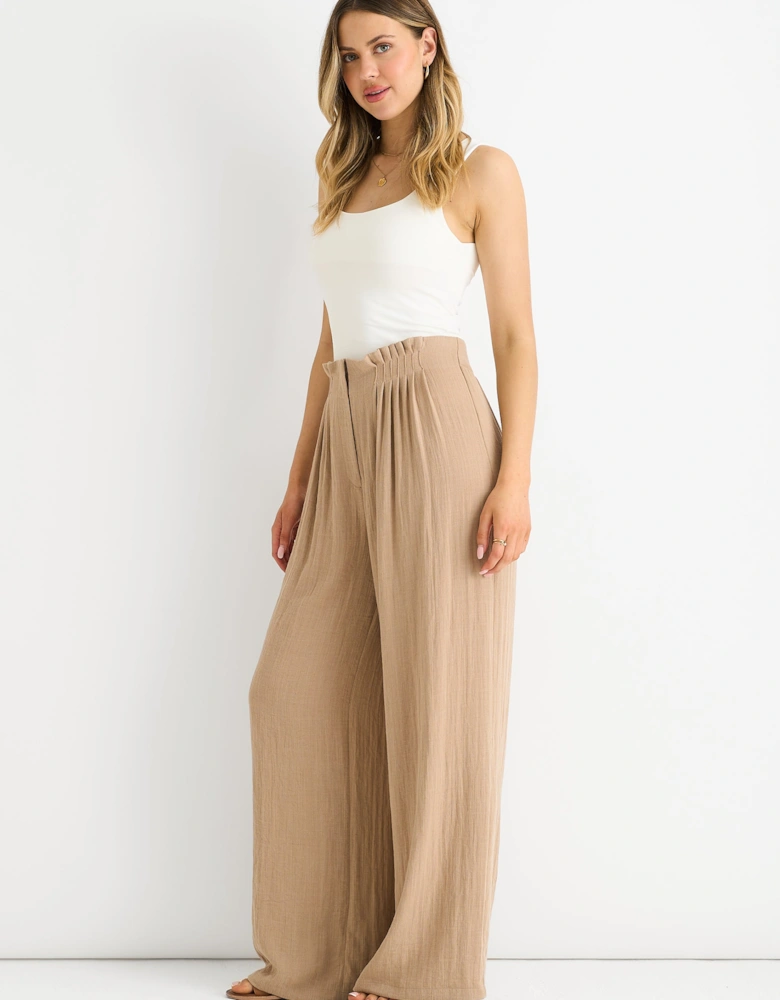 Camel Paperbag Waist Wide Leg Trousers