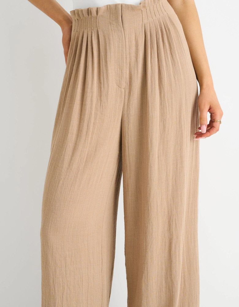 Camel Paperbag Waist Wide Leg Trousers