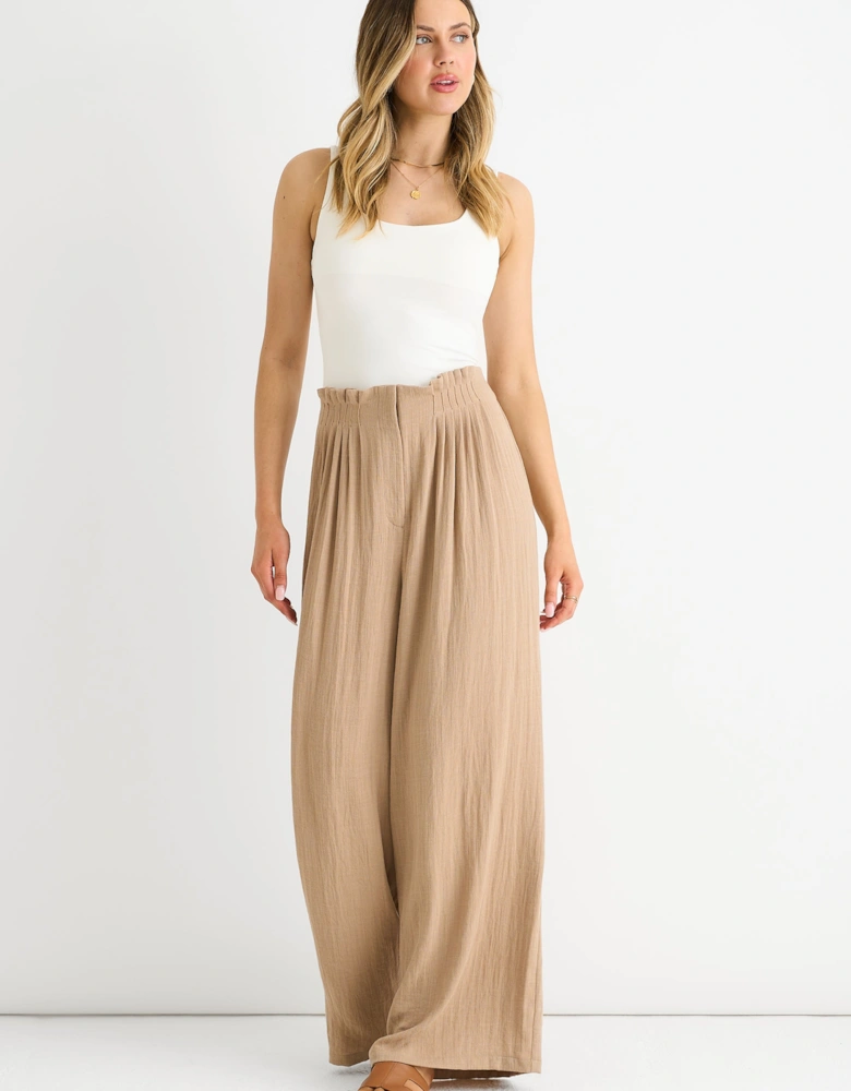 Camel Paperbag Waist Wide Leg Trousers