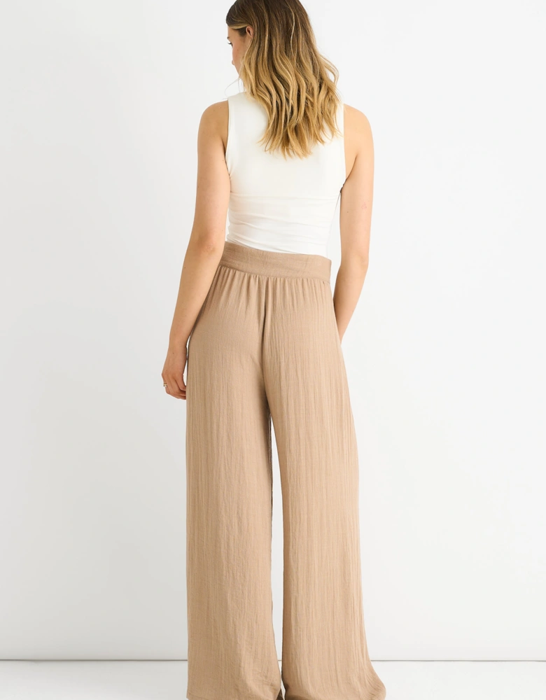 Camel Paperbag Waist Wide Leg Trousers