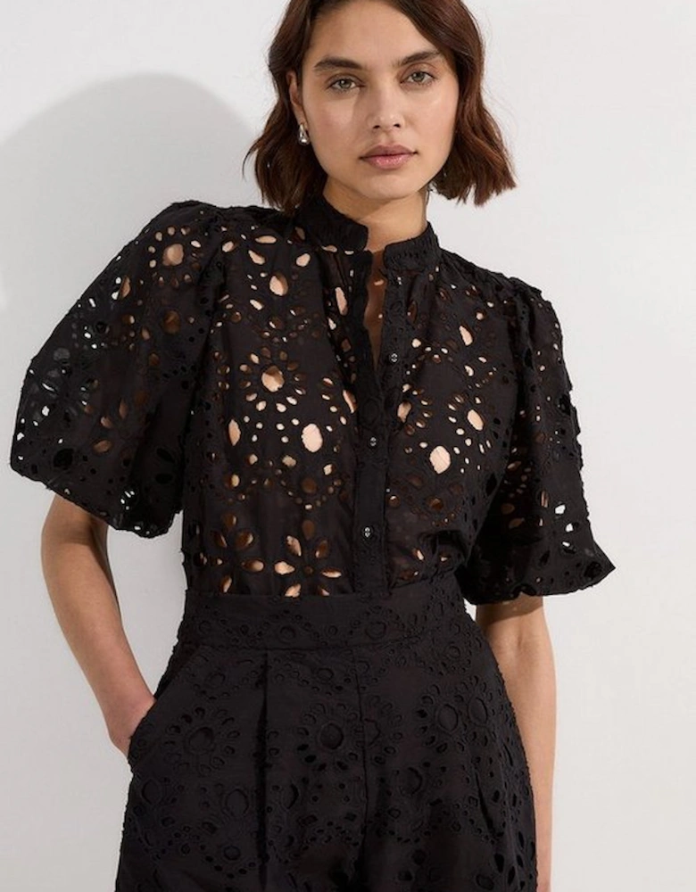 Cotton Broderie Belted Short Sleeve Woven Blouse
