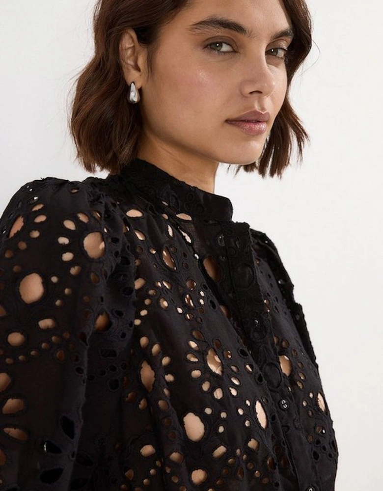 Cotton Broderie Belted Short Sleeve Woven Blouse