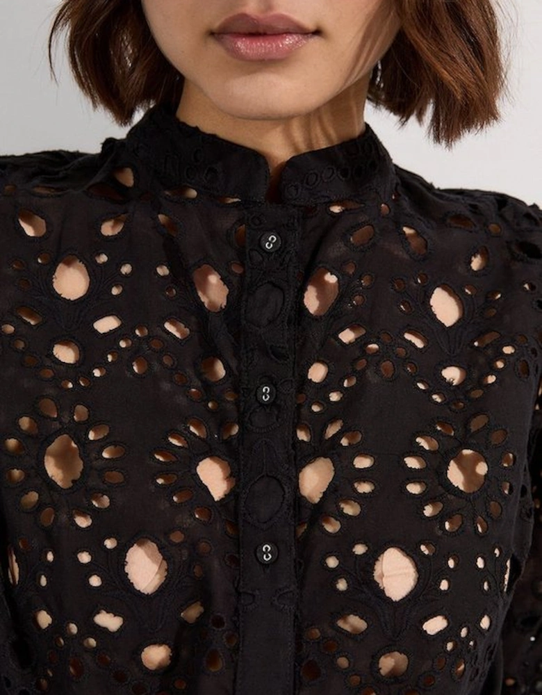 Cotton Broderie Belted Short Sleeve Woven Blouse
