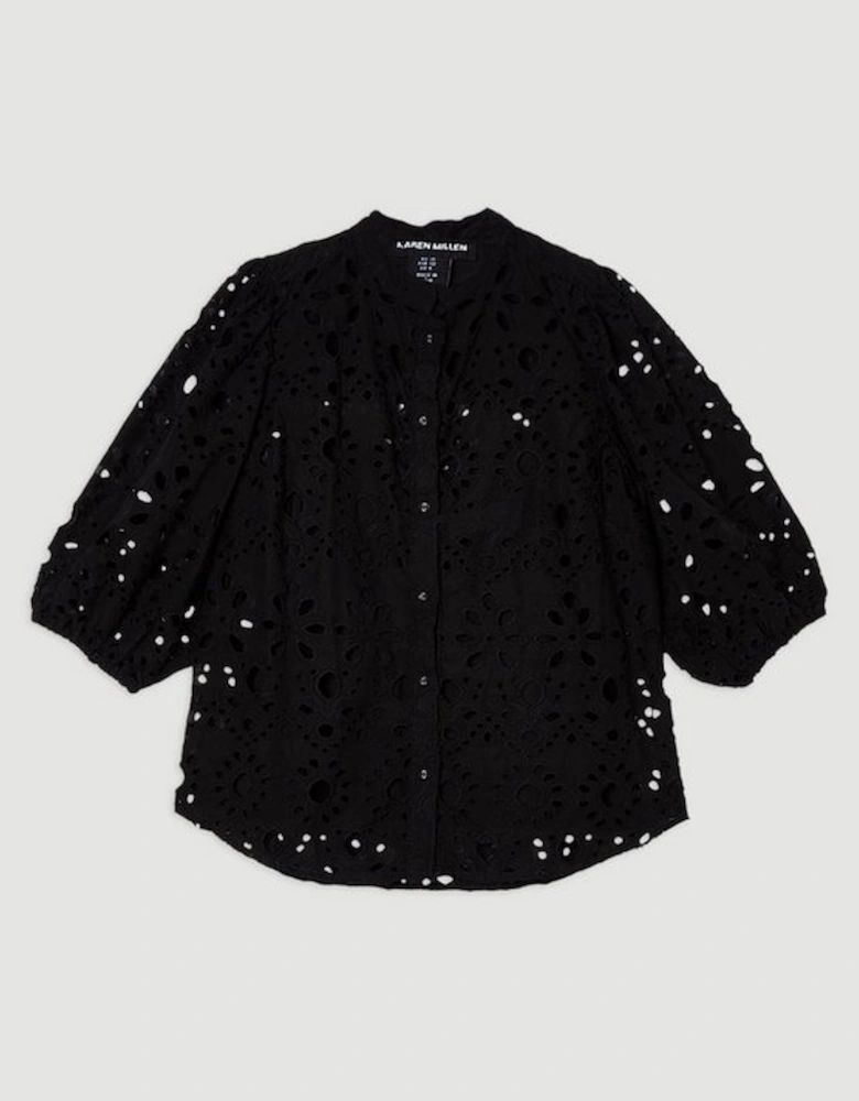 Cotton Broderie Belted Short Sleeve Woven Blouse