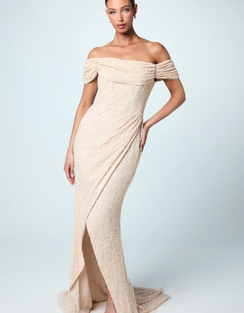 Sequin Bardot Maxi Bridesmaids Dress