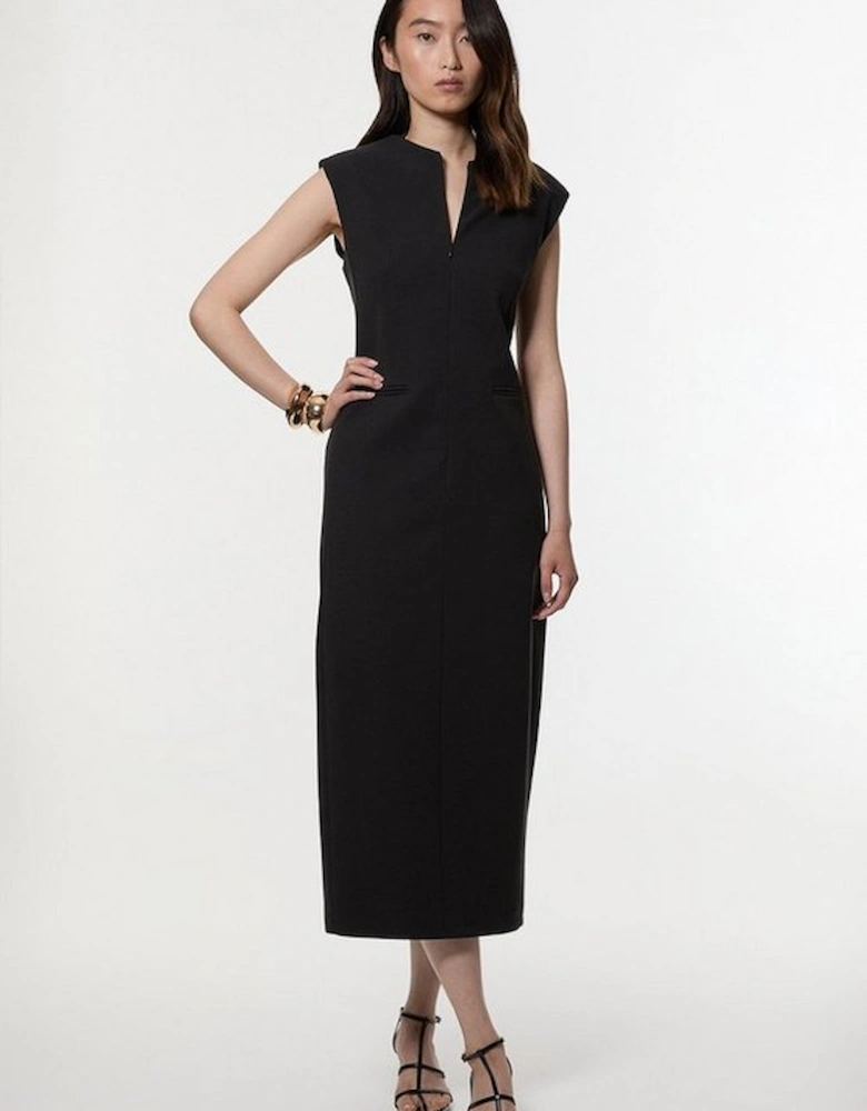 Compact Stretch Zip Through Tailored Pencil Midi Dress
