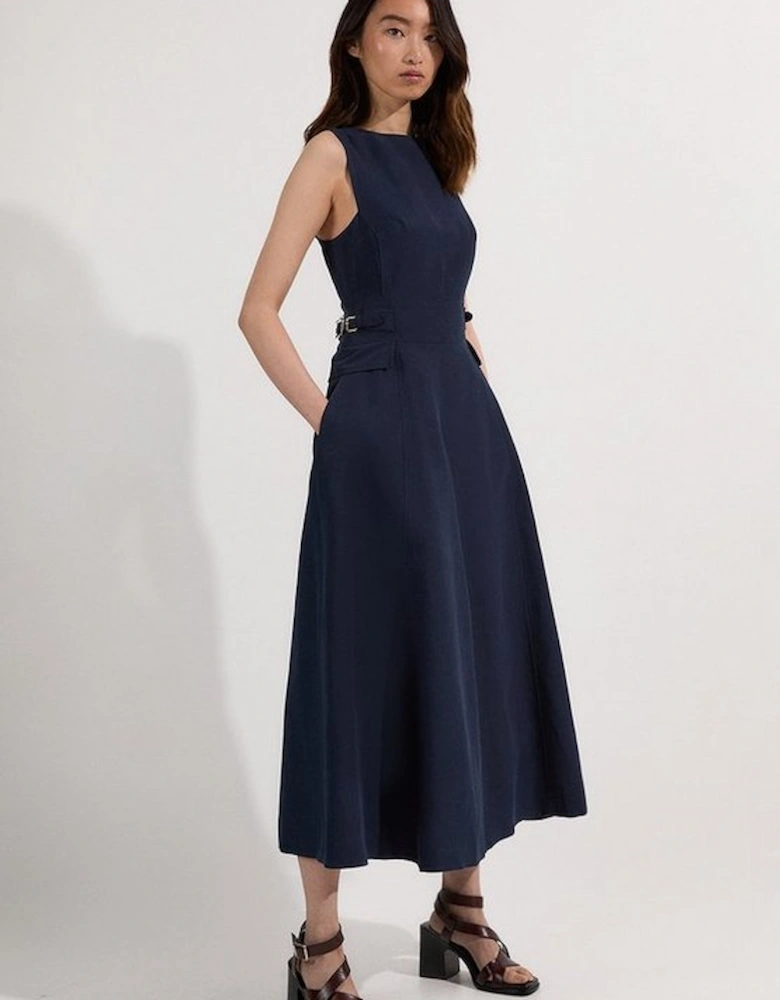Premium Linen Tab Waist Detail Full Skirt Tailored Midi Dress