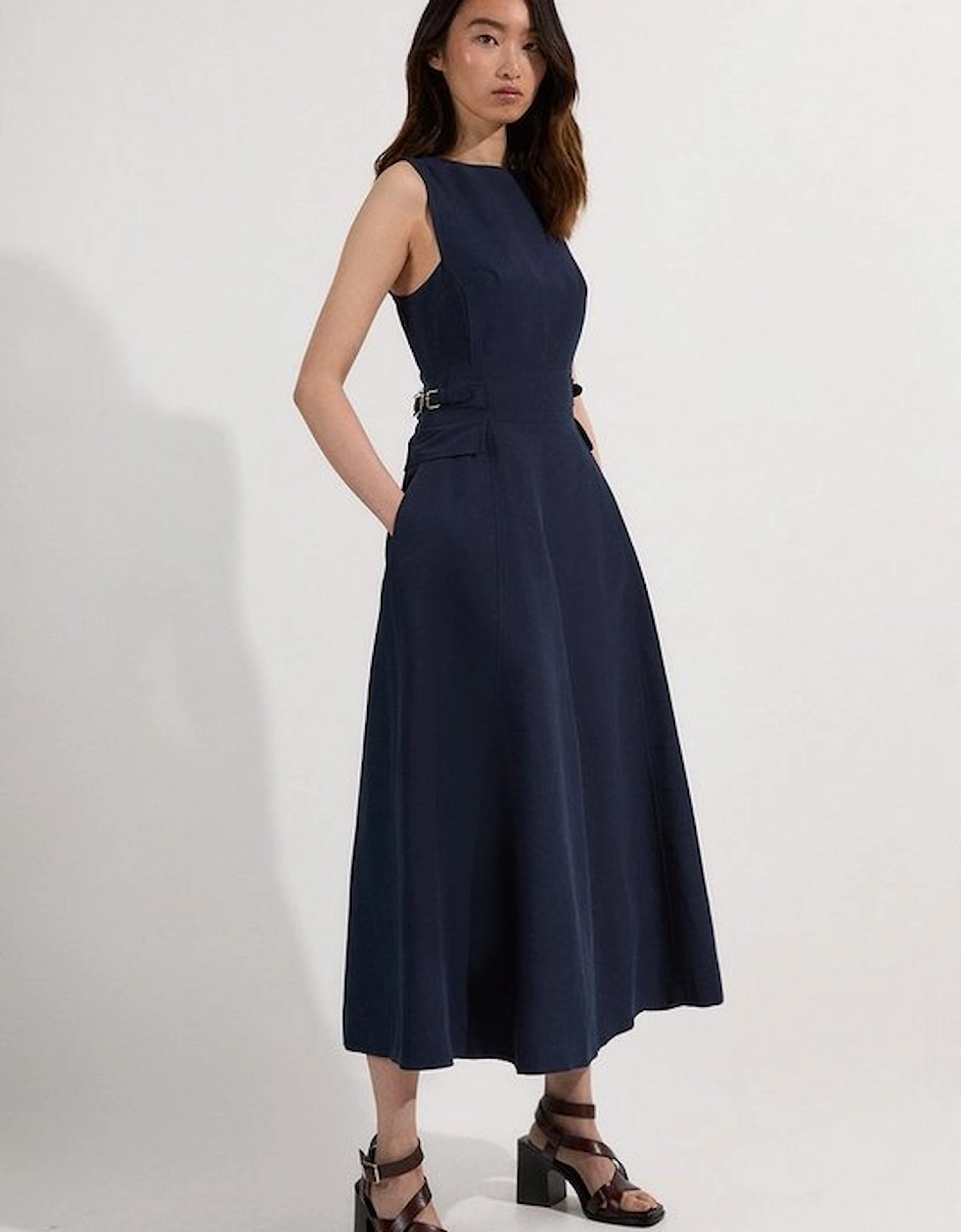 Premium Linen Tab Waist Detail Full Skirt Tailored Midi Dress, 4 of 3