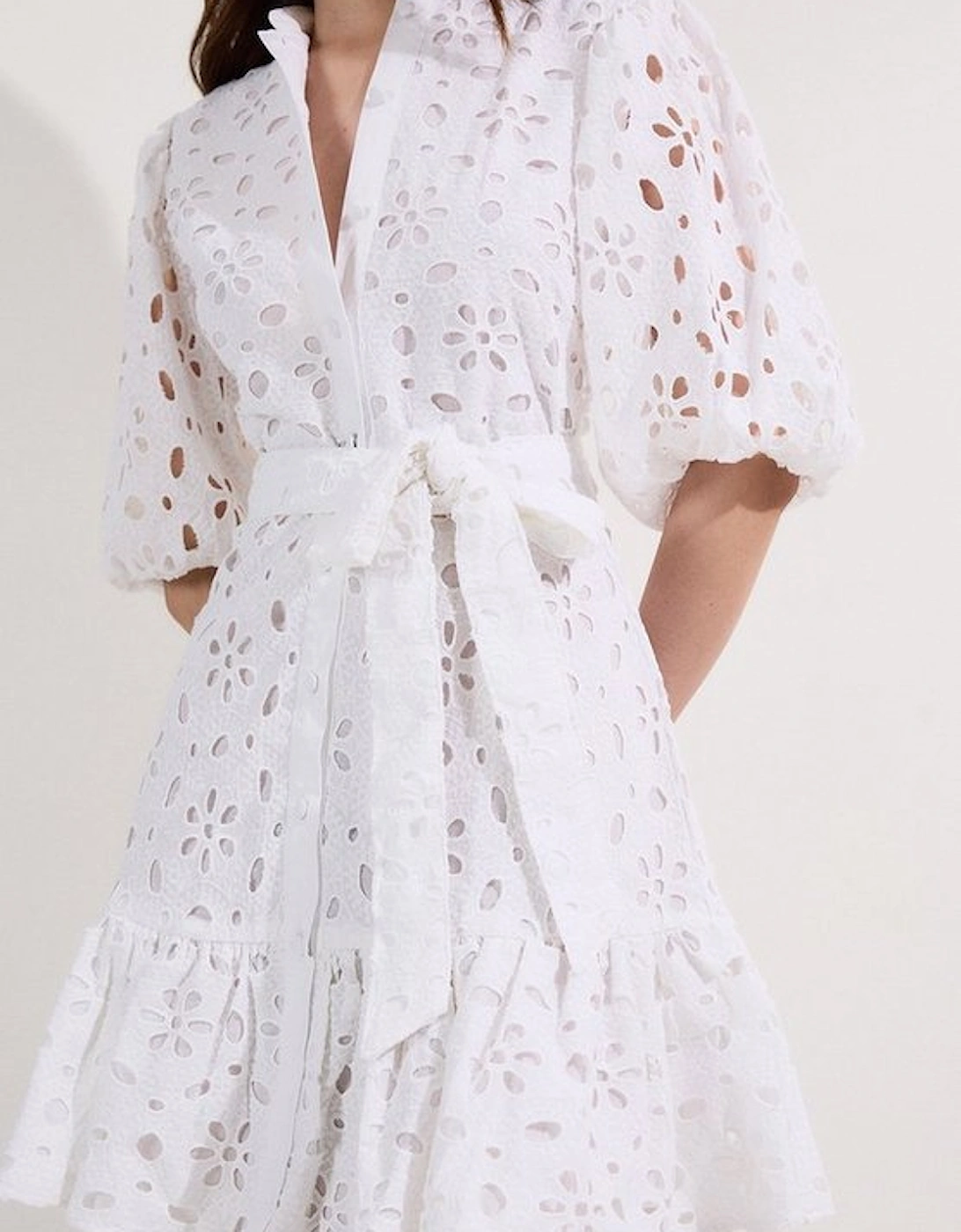 Cotton Broderie Belted Woven Mini Dress