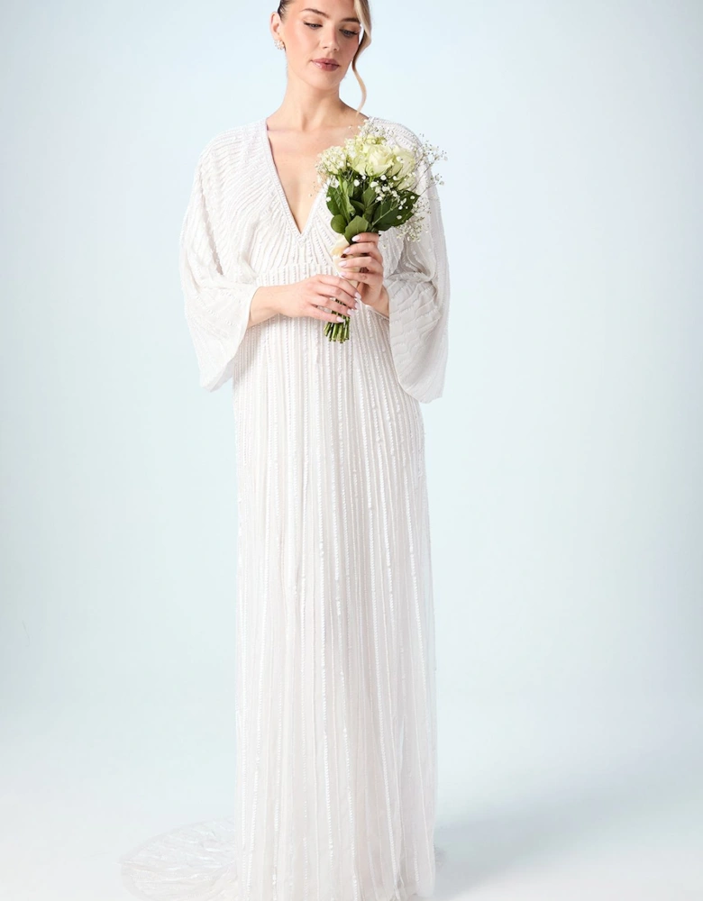 V Neck Sequin Kimono Sleeve Wedding Dress
